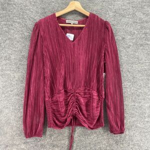 New Absolutely Blouse Women M Medium Red V-Neck Long Sleeve Gathered Casual